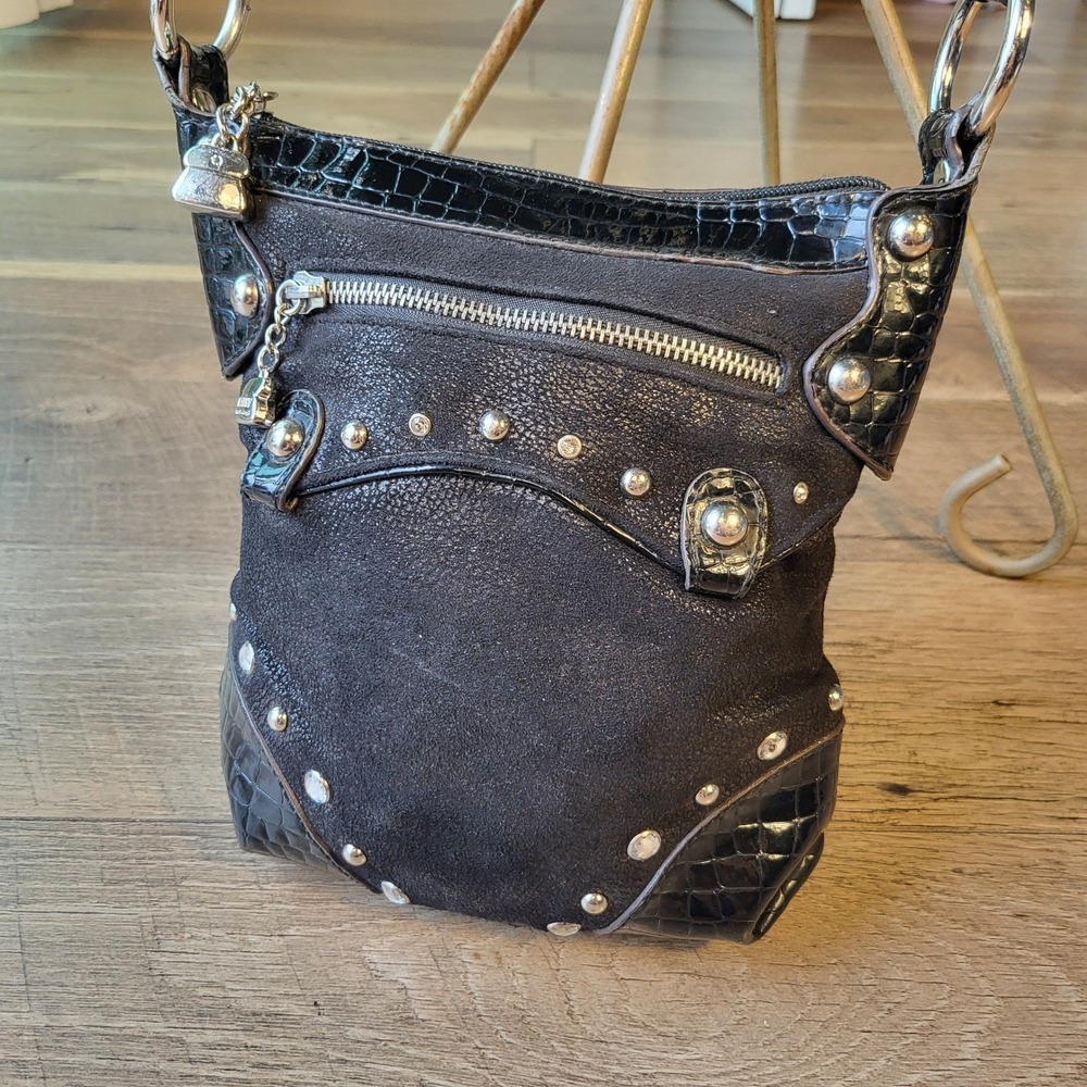 Kathy Van Zeeland Black Faux Croc Studded Crossbody Bag Y2K Silver Hardware